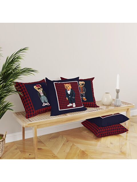 Evmila Kadife Doku Çift Taraf Baskılı Teddy Bear Desen 43x43 cm 4'lü Kırlent Kılıfı Seti - S000076396-23173