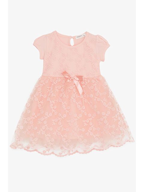 Breeze Kız Çocuk Elbise Tüllü Nakışlı Fiyonklu Somon (1.5-5 Yaş) - S000070026-24085