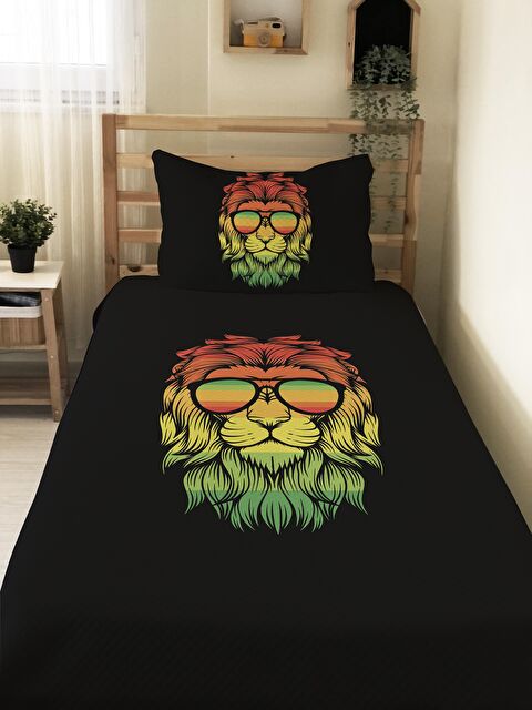 Evmila Siyah Aslan Desenli, Baskılı Tek Kişilik ve Çocuk Pike Takımı - S000085367-23173