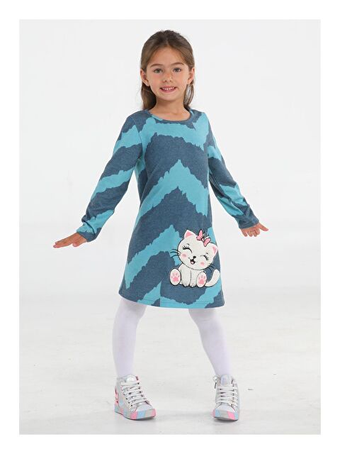 Casabony Kedi Yumoş Asimetrik Baskılı Kız Elbise - S000043301-17308