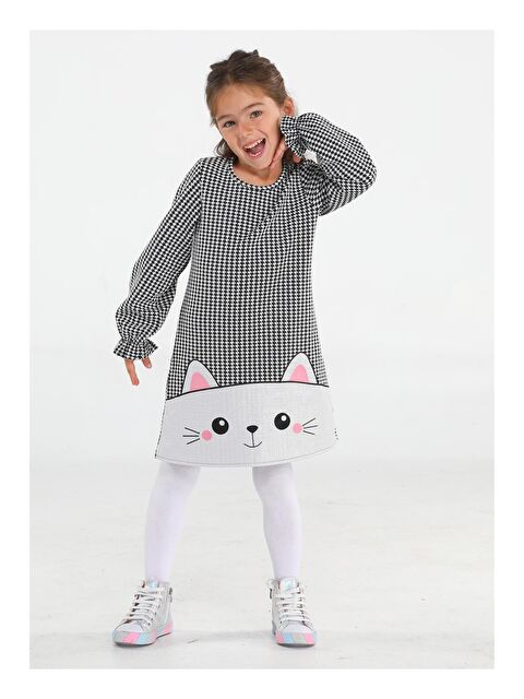 Casabony Parlak Kedi Nakışlı Kazayağı Kız Elbise - S000043300-17308