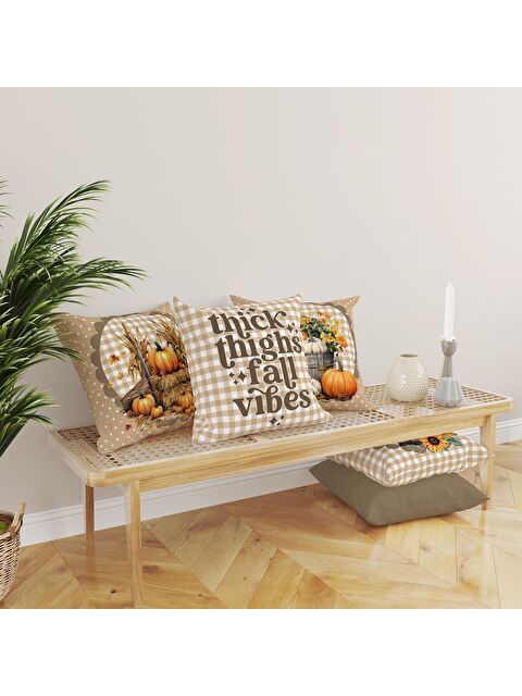 Evmila Çift Taraf Baskılı Kadife Doku Sonbahar Ve Kabak Desenli 4'lü Kırlent Seti - S000081557-23173