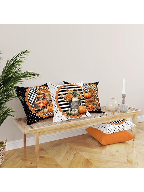 Evmila Çift Taraf Baskılı Kadife Doku Sonbahar Ve Kabak Desenli 4'lü Kırlent Seti - S000081558-23173