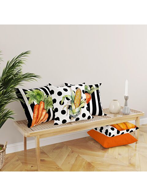 Evmila Çift Taraf Baskılı Kadife Doku Sonbahar Ve Kabak Desenli 4'lü Kırlent Seti - S000081559-23173