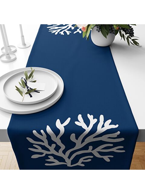 Evmila Mercan Desenli Kadife Runner Lacivert 40x140 cm - S000076403-23173