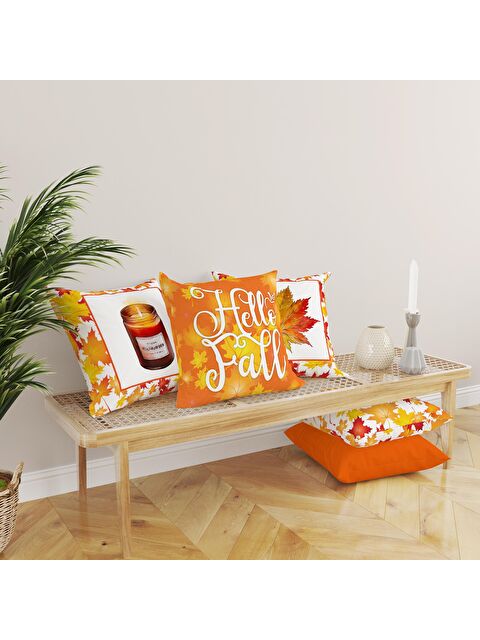 Evmila Çift Taraf Baskılı Kadife Doku Sonbahar Ve Kabak Desenli 4'lü Kırlent Seti - S000081562-23173