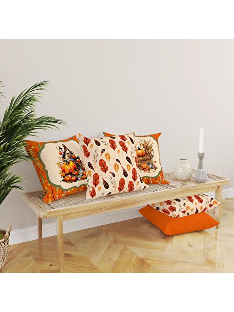 Evmila Çift Taraf Baskılı Kadife Doku Sonbahar Ve Kabak Desenli 4'lü Kırlent Seti - S000081564-23173