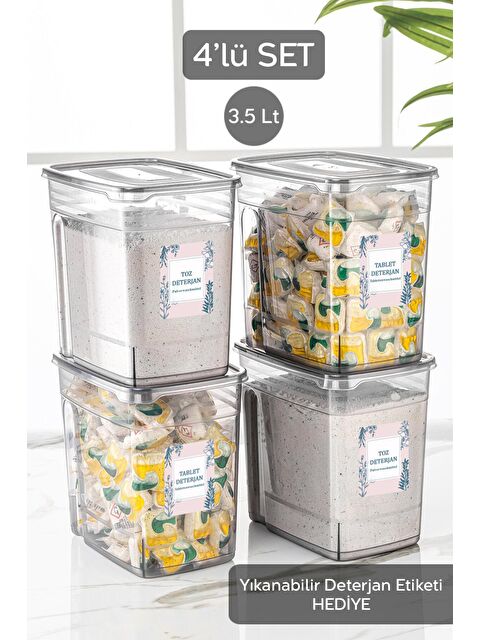 Meleni Home 4 Adet 3,5'litre Toz Tablet Deterjan Kutusu - Lena Pratik Kapaklı Saklama Kabı - S000109045-29666