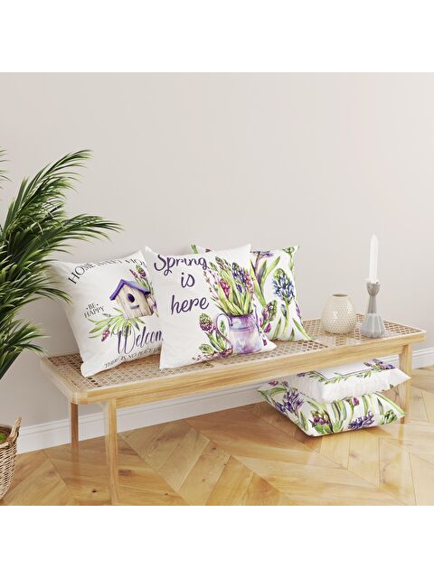 Evmila Kadife Doku Çift Taraf Baskılı Lavanta Desen 43x43 cm 4'lü Kırlent Kılıfı Seti - S000076407-23173
