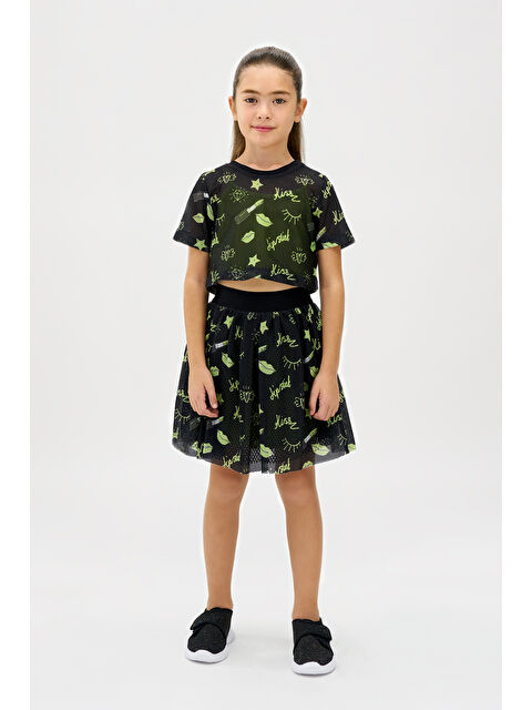 Panço Kız Çocuk Neon Baskılı File Siyah Etek - S000265511-19351