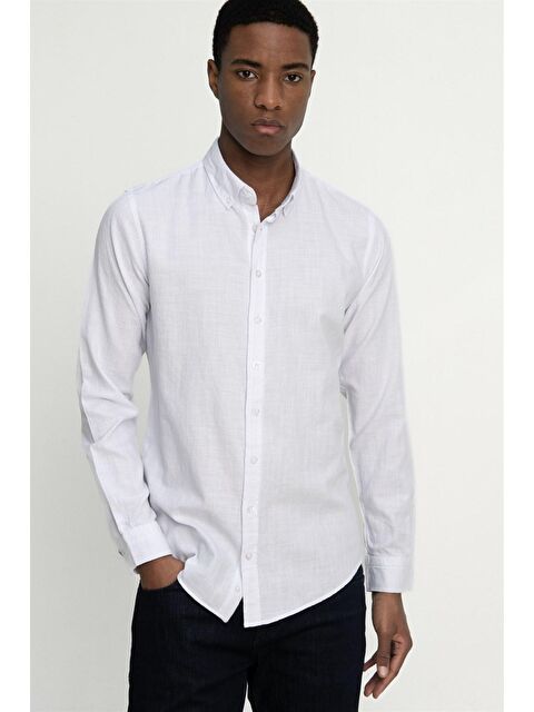 TUDORS Slim Fit Uzun Kol Düğmeli Keten Erkek Gömlek