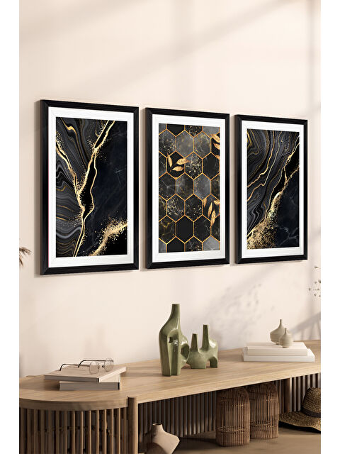 Artavessa 3 Parça Siyah Çerçeve Görünümlü MDF Poster Tablo Seti - Set 38 - ERSY3DSYHSET38-3348