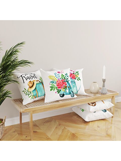 Evmila Kadife Doku Çift Taraf Baskılı Bahar Desen 43x43 cm 4'lü Kırlent Kılıfı Seti - S000076411-23173