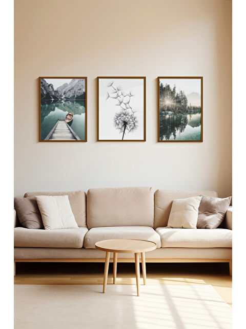 Artavessa 3 Parça Kahverengi Gerçek Ahşap Çerçeveli Tablo Seti - Model 4 - ERSY3KHVCRV4-3348