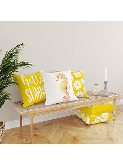 Evmila Kadife Doku Çift Taraf Baskılı Limon Desen 43x43 cm 4'lü Kırlent Kılıfı Seti - S000076412-23173