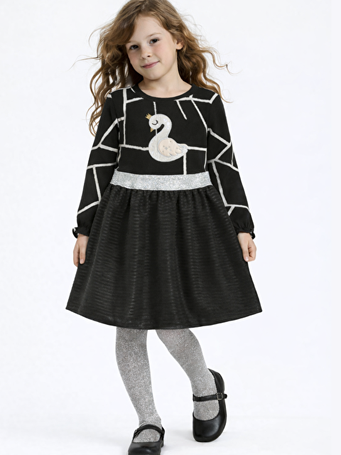 Casabony Swan Jakarlı Siyah Kız Çocuk Elbise - S000263580-19351