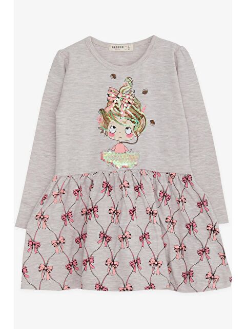 Breeze Kız Çocuk Uzun Kollu Elbise Pullu Kız Baskılı Bej Melanj (3-4 Yaş) - S000070101-19927