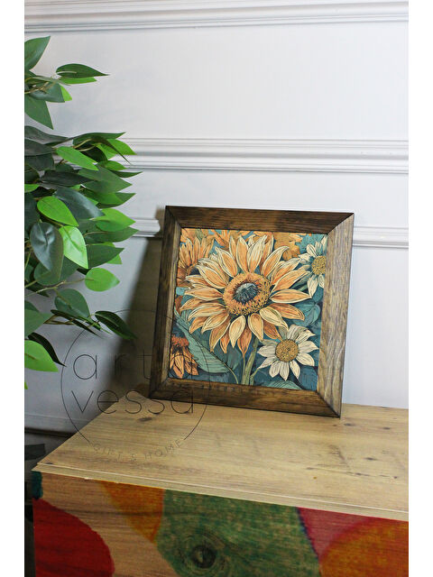Artavessa Masif Ahşap Çerçeveli Taş Tablo Pano 26 x 26 cm - Bahar ve Çiçek 2 - 26 x 26