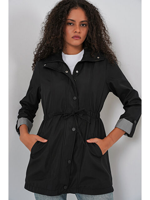 Bigdart 10322 Beli Büzgülü Trençkot - Siyah - S000089378-19351