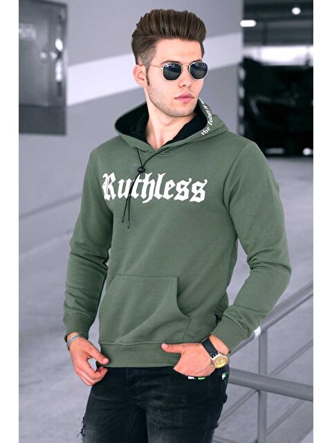 Madmext Haki Baskılı  Erkek %100 Pamuk Kapüşonlu Sweatshirt Hoodie 4747 - S000062879-18547