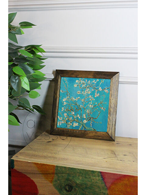 Artavessa Masif Ahşap Çerçeveli Taş Tablo Pano 26 x 26 cm - Vincent Van Gogh-Almond Blossom - 26 x 26