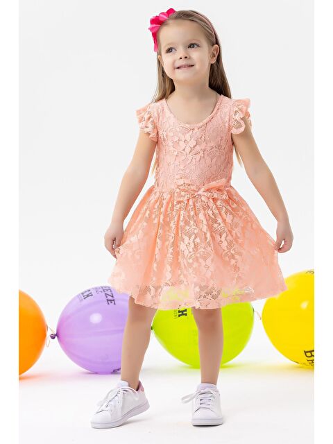 Breeze Kız Çocuk Elbise Fiyonklu Tüllü Güpürlü Somon (3-6 Yaş) - S000070136-24085