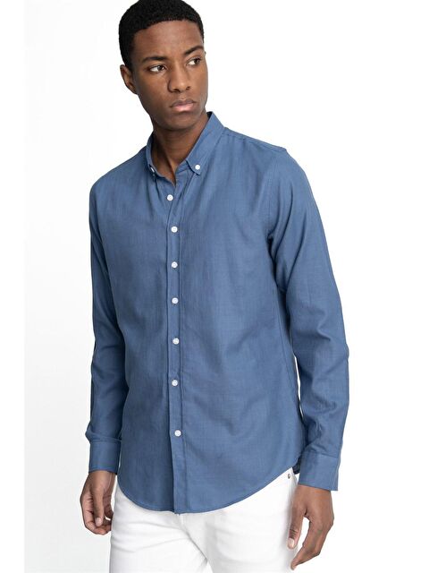 TUDORS Slim Fit Uzun Kol Biyeli Yaka Düğmeli Keten Erkek Gömlek