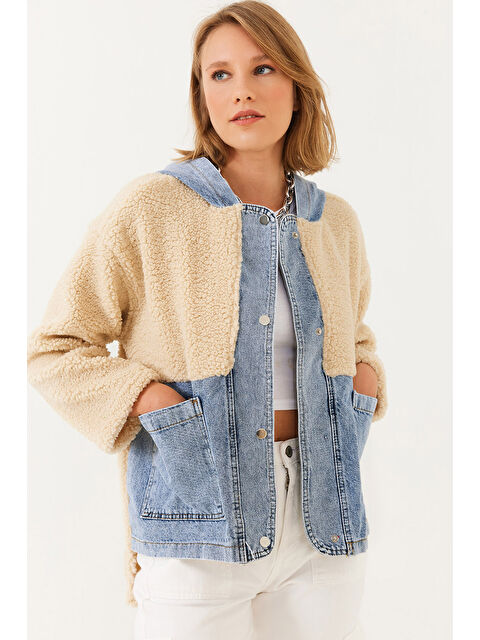 SHADE Kadın Kapüşonlu Denim Detaylı Pelüş Ceket - S000291090-19928