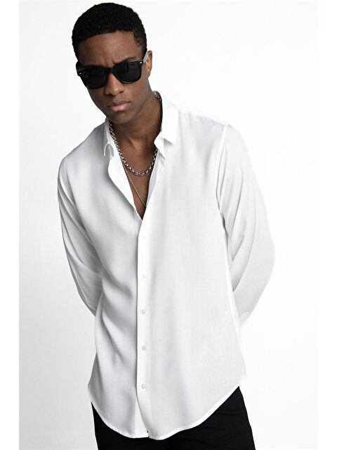 TUDORS Slim Fit Dar Kesim Uzun Kol Dökümlü Viskon Şık Erkek Gömlek