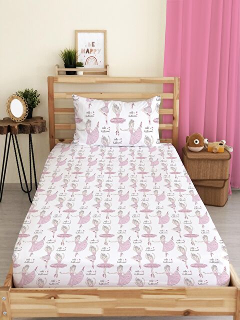 Evmila Balerin Kız Desen Baskılı Tek Kişilik Lastikli Çarşaf Seti Beyaz 100x200 cm - S000076422-23173