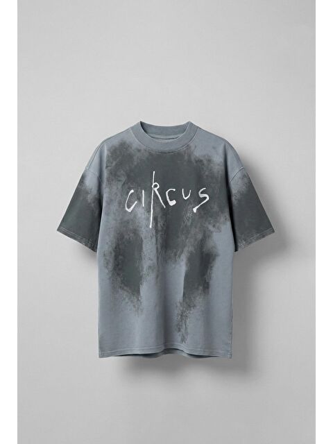 Abluka Online Erkek Cirsus Baskılı Yıkamalı Oversize T-Shırt Gri - S000388753-20600