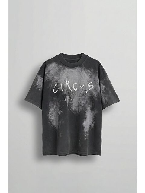 Abluka Online Erkek Cirsus Baskılı Yıkamalı Oversize T-Shırt Siyah - S000388753-19351
