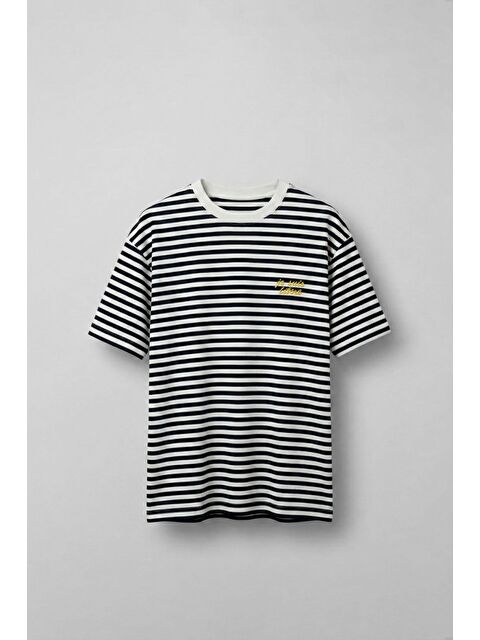 Abluka Online Erkek Oversize Çizgili Rahat T-Shirt Siyah - S000378102-19351