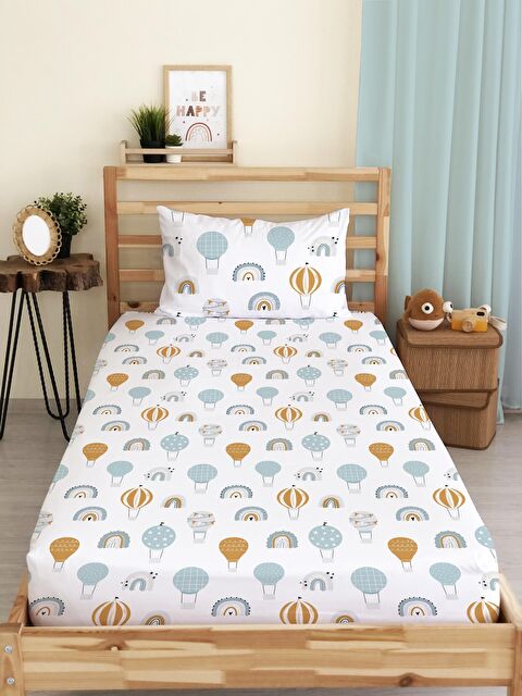 Evmila Uçan Balon Desen Baskılı Tek Kişilik Lastikli Çarşaf Seti Beyaz 100x200 cm - S000076423-23173