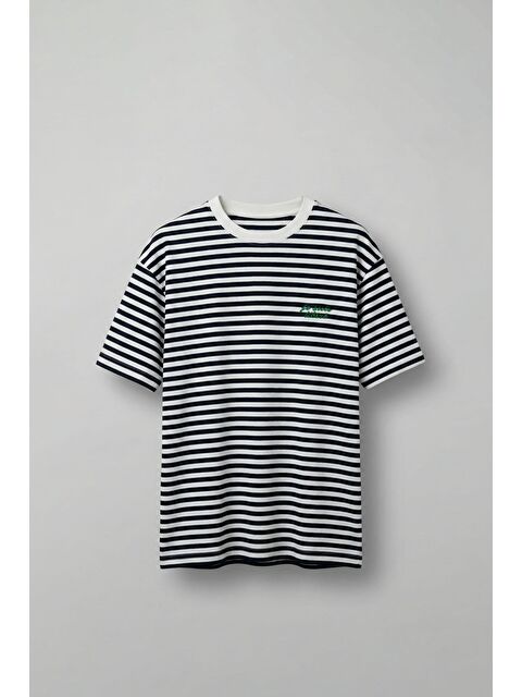 Abluka Online Erkek Oversize Çizgili Rahat T-Shirt Mavi - S000378102-17234