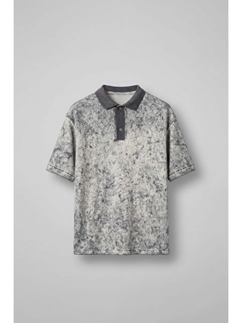 Abluka Online Erkek Düğmeli Polo Yaka Desenli Oversize Triko T-Shirt Siyah - S000365700-19351