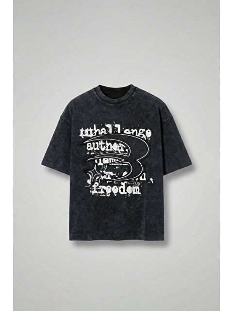 Abluka Online Erkek Yıkamalı İşlemeli Oversize Baskılı Premium T-Shirt Siyah - S000365682-19351