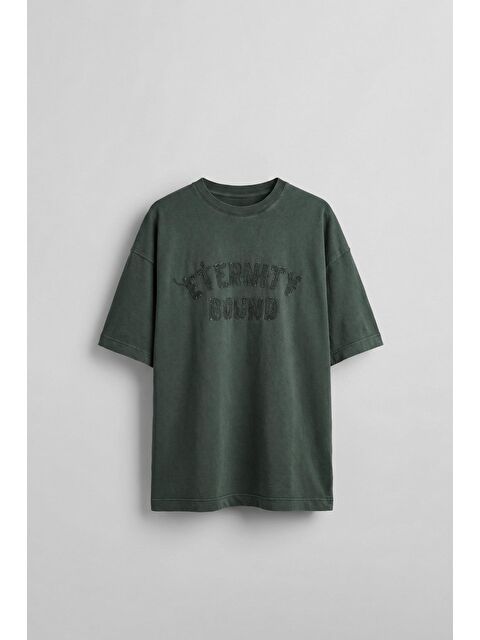 Abluka Online Erkek Önü Slogan İşlemeli Yıkamalı Oversize T-Shirt Yeşil - S000365699-18194