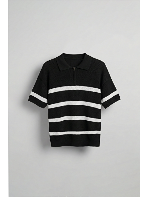 Abluka Online Erkek Oversize Örme Triko Polo Yaka T-Shirt Siyah - S000160860-19351