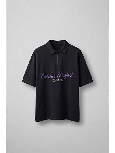 Abluka Online Erkek Oversize Fermuarlı Polo Yaka Baskılı T-Shirt Siyah - S000187047-19351