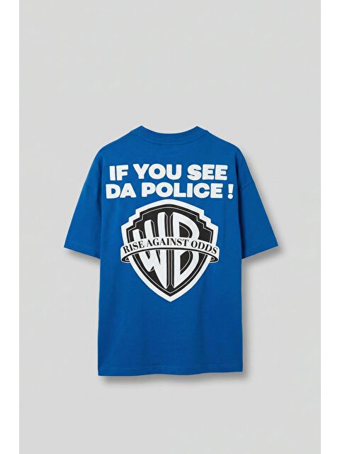 Abluka Online Erkek Oversize 'Police!' Baskılı İki İplik T-Shirt Mavi - S000161054-17234