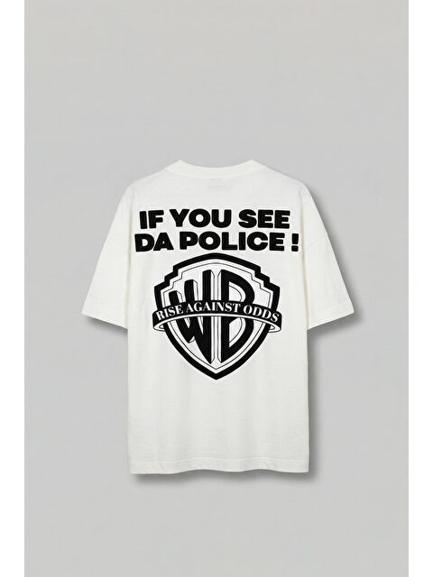 Abluka Online Erkek Oversize 'Police!' Baskılı İki İplik T-Shirt Beyaz - S000161054-20063