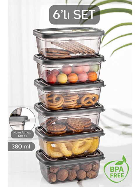 Meleni Home 6 Adet Pratik Box - Dikdörtgen Kapaklı Saklama Kabı - Baharatlık Kahvaltı Çerezlik Kabı 6x380 ml - S000080742-20600