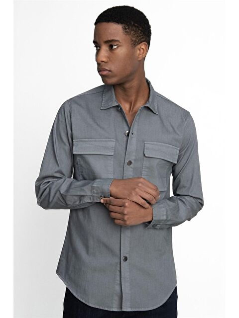 TUDORS Slim Fit Uzun Kol Denim Parça Boyalı Çift Cep Kapaklı Metal Düğme Erkek Gömlek - S000021388-20600