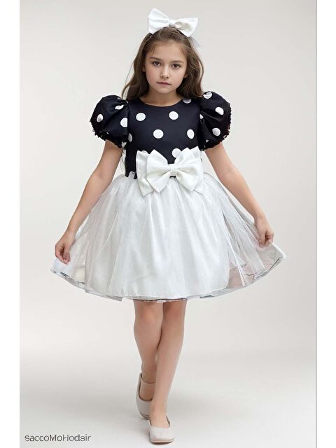 Riccotarz Kız Çocuk Balon Kollu Puantiyeli Eteği Kabarık Tüllü Fiyonk Detaylı Beyaz Elbise