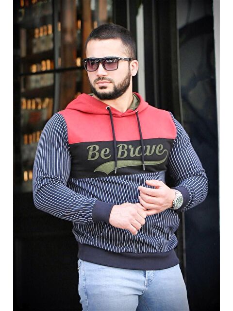 Madmext kapüşonlu Çizgili Sweatshirt Lacivert 2815