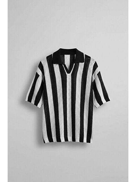 Abluka Online Erkek Oversize Yarım Pat Yaka Fileli Triko T-Shirt Siyah - S000203055-19351