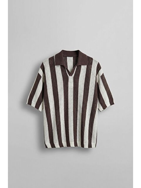 Abluka Online Erkek Oversize Yarım Pat Yaka Fileli Triko T-Shirt Kahverengi - S000203055-19413