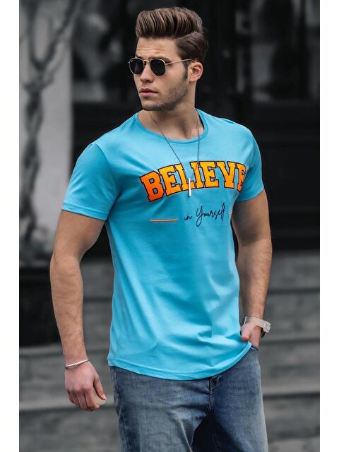Madmext Neon Nakış Baskılı Mavi Erkek %100 Pamuk Tişört 4540 - S000017347-17234