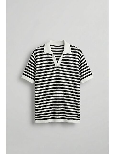 Abluka Online Erkek Triko Polo Yaka Çizgili T-Shirt Siyah - S000155202-19351